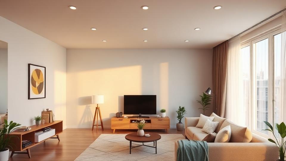 Modern renoviertes Wohnzimmer mit neuer Beleuchtung