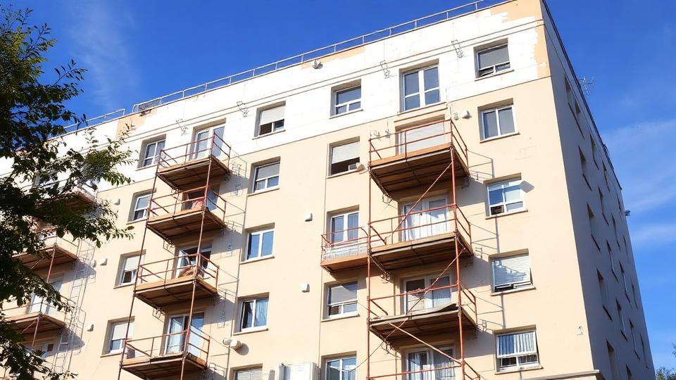 Fassade eines Mehrfamilienhauses mit Gerüst