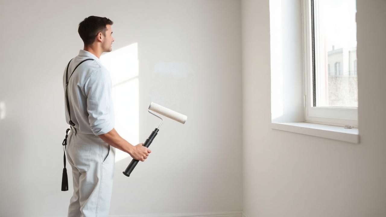 Maler streicht eine Wand mit Farbrolle