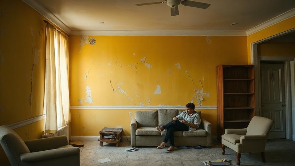 Wohnzimmer mit abblätternder alter Wandfarbe vor der Renovation